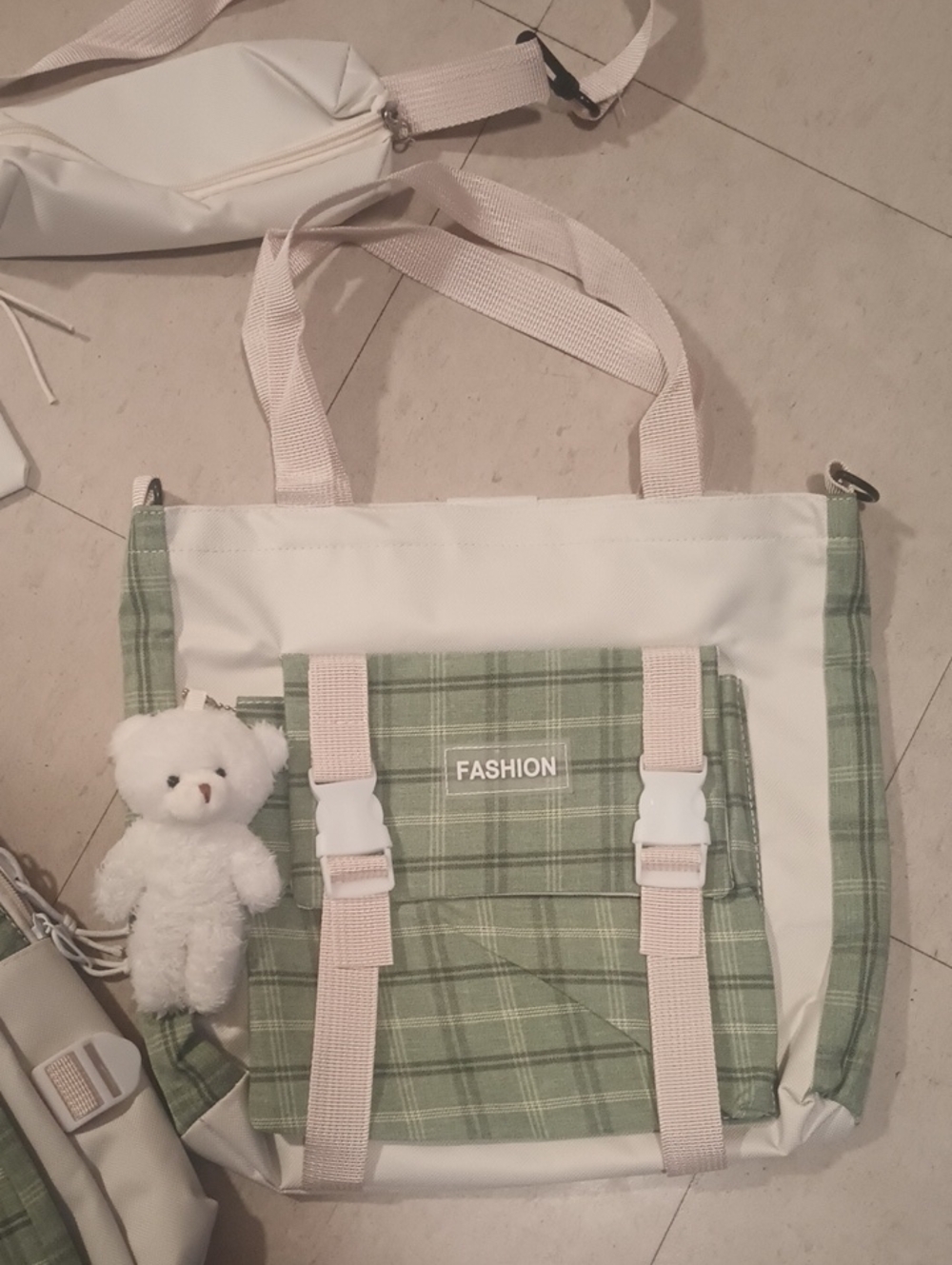 Green Plaid Backpack & Tote Set - Fashion Patch Teddy Bear Keychain Accessories - Picture 7 of 8